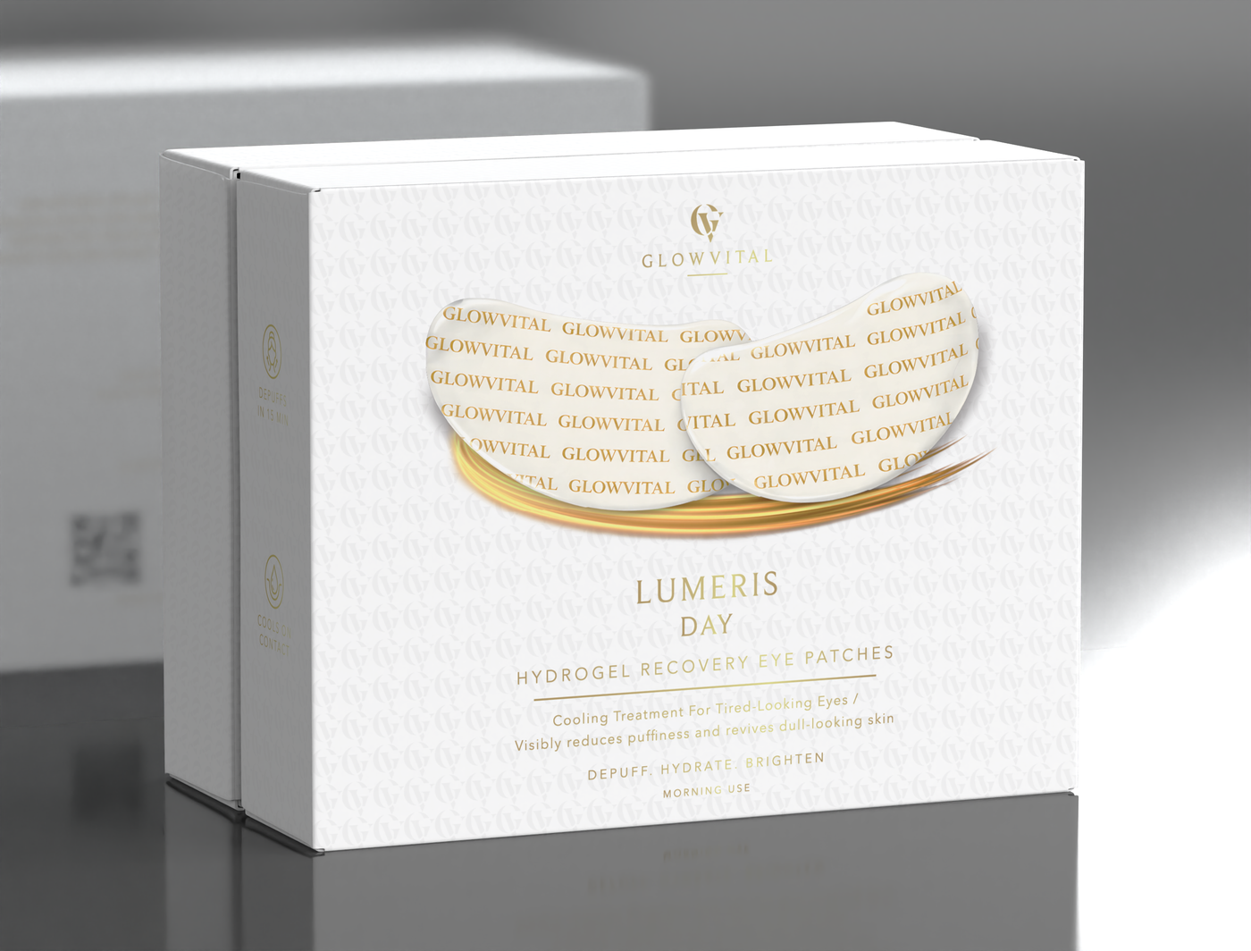 Lumeris Day · Hydrogel Recovery Eye Patches — premium white box, designed in the UK