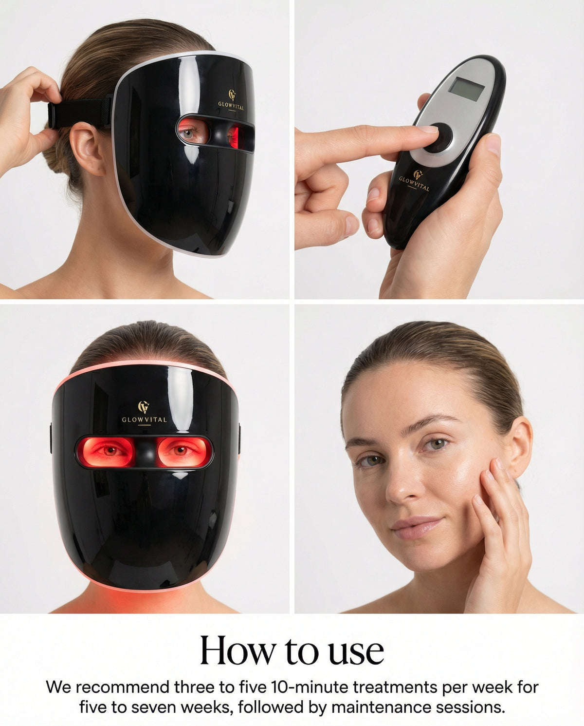 OmniGlow wireless LED light therapy mask in use. 10 minute session, no cables, three wavelengths.