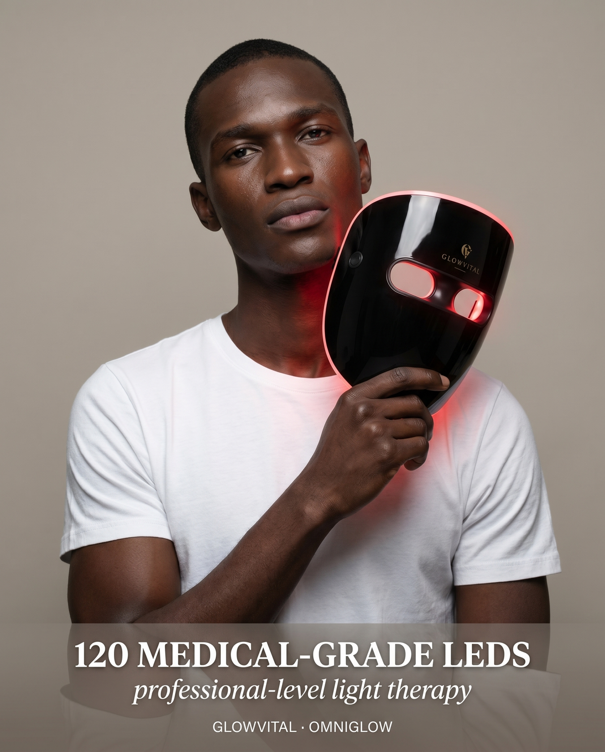 OmniGlow LED light therapy mask front view, soft flexible silicone with full-face LED coverage