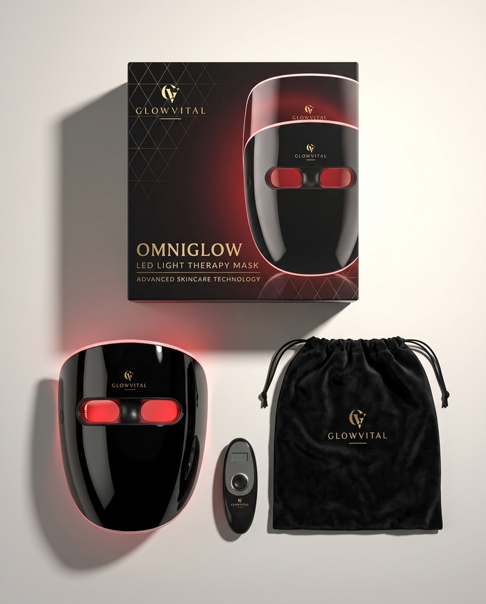 Top down view of the OmniGlow box contents: retail box, LED mask, cordless remote and velvet storage pouch