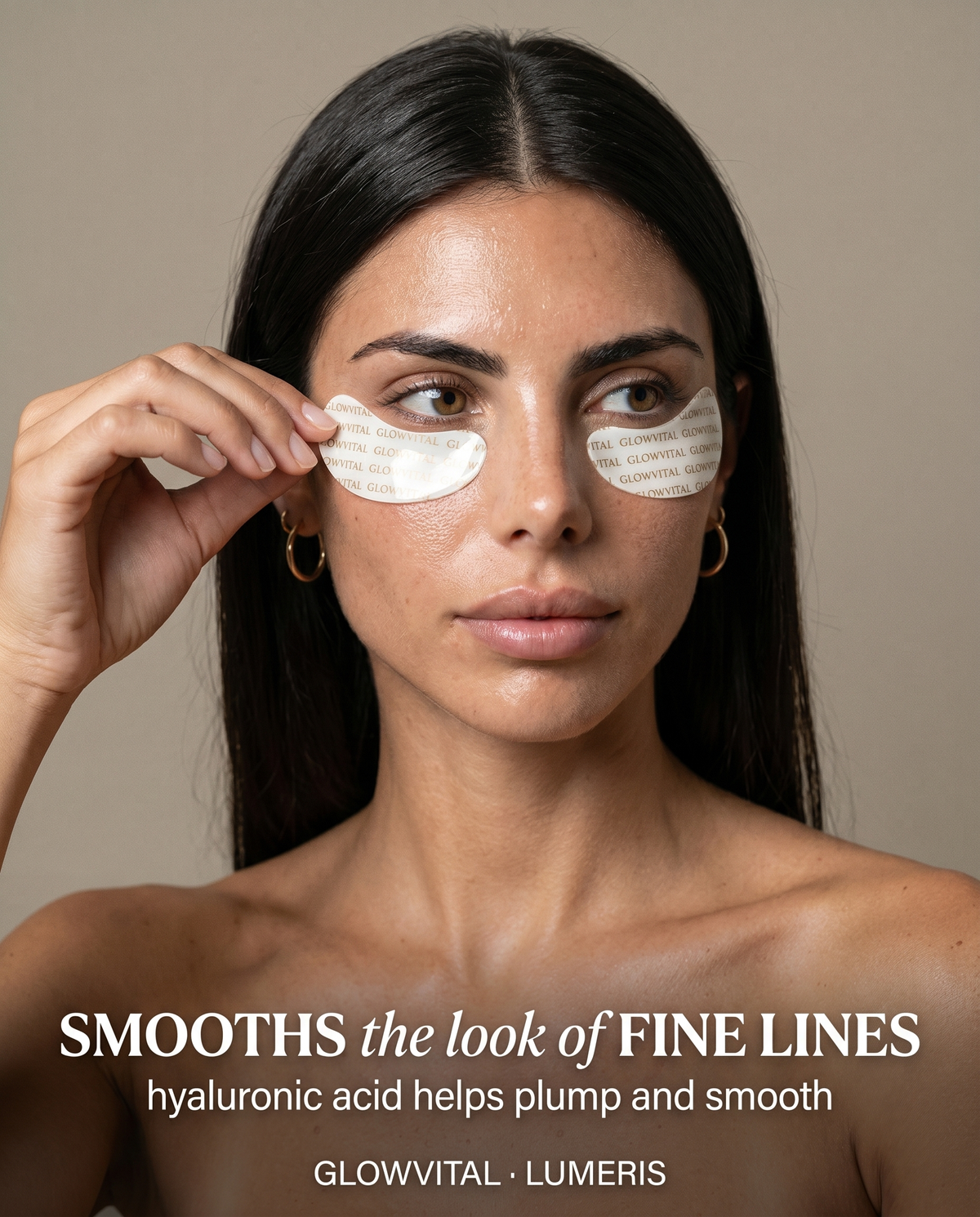 Lumeris hydrogel eye patches worn to brighten the look of tired under eyes