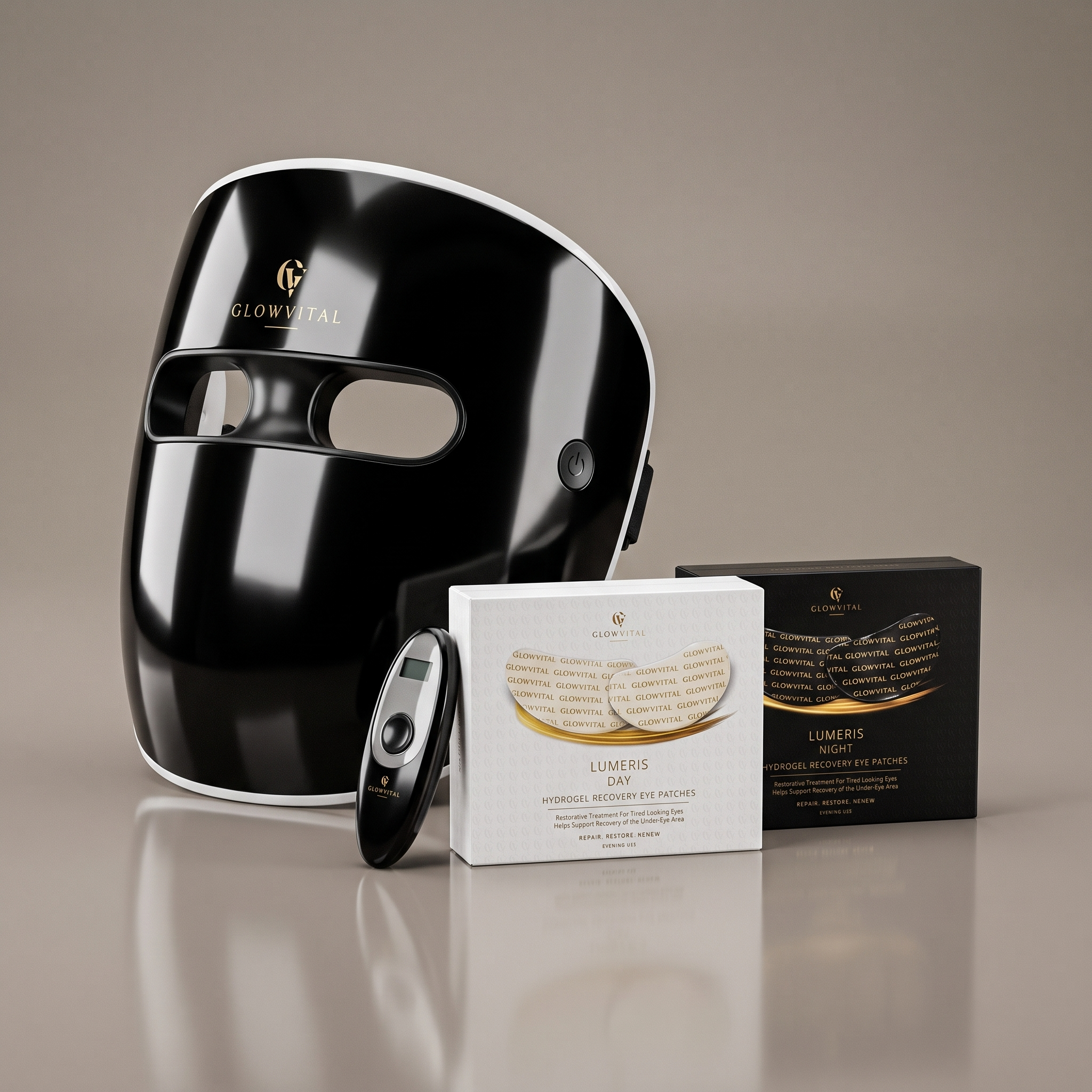 The GlowVital OmniGlow wireless LED mask with its remote, beside the Lumeris Day and Lumeris Night hydrogel eye patch boxes