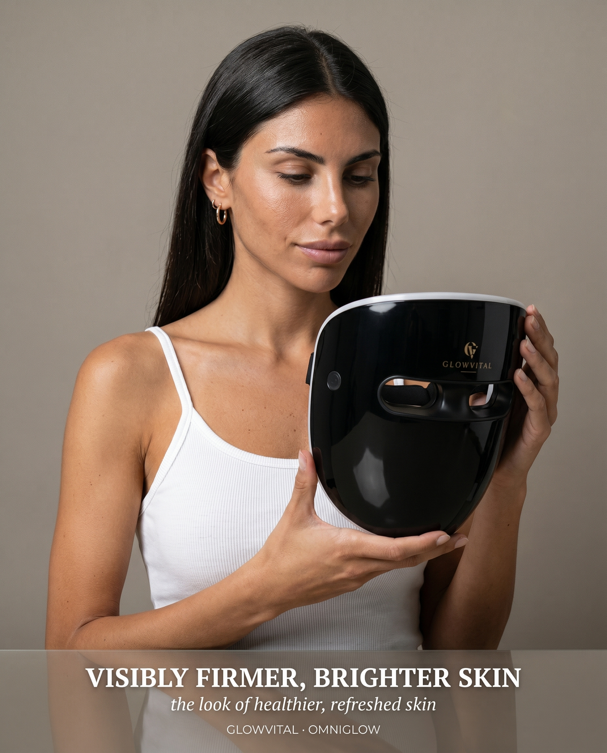 OmniGlow wireless LED face mask worn during a ten minute red light therapy session